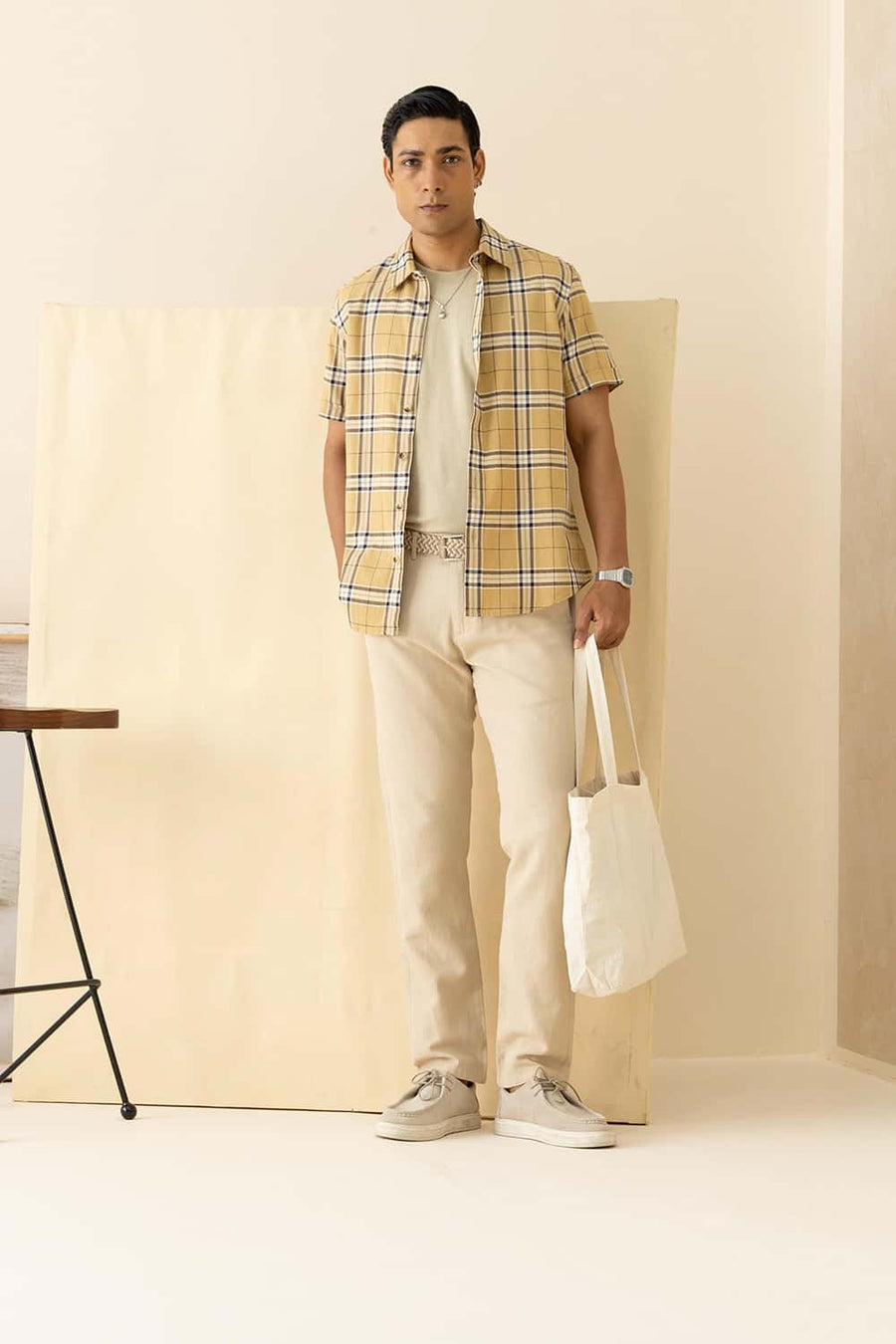 Basics Slim Fit Taupe Khaki Cotton Dobby Checks Halfsleeves Shirt