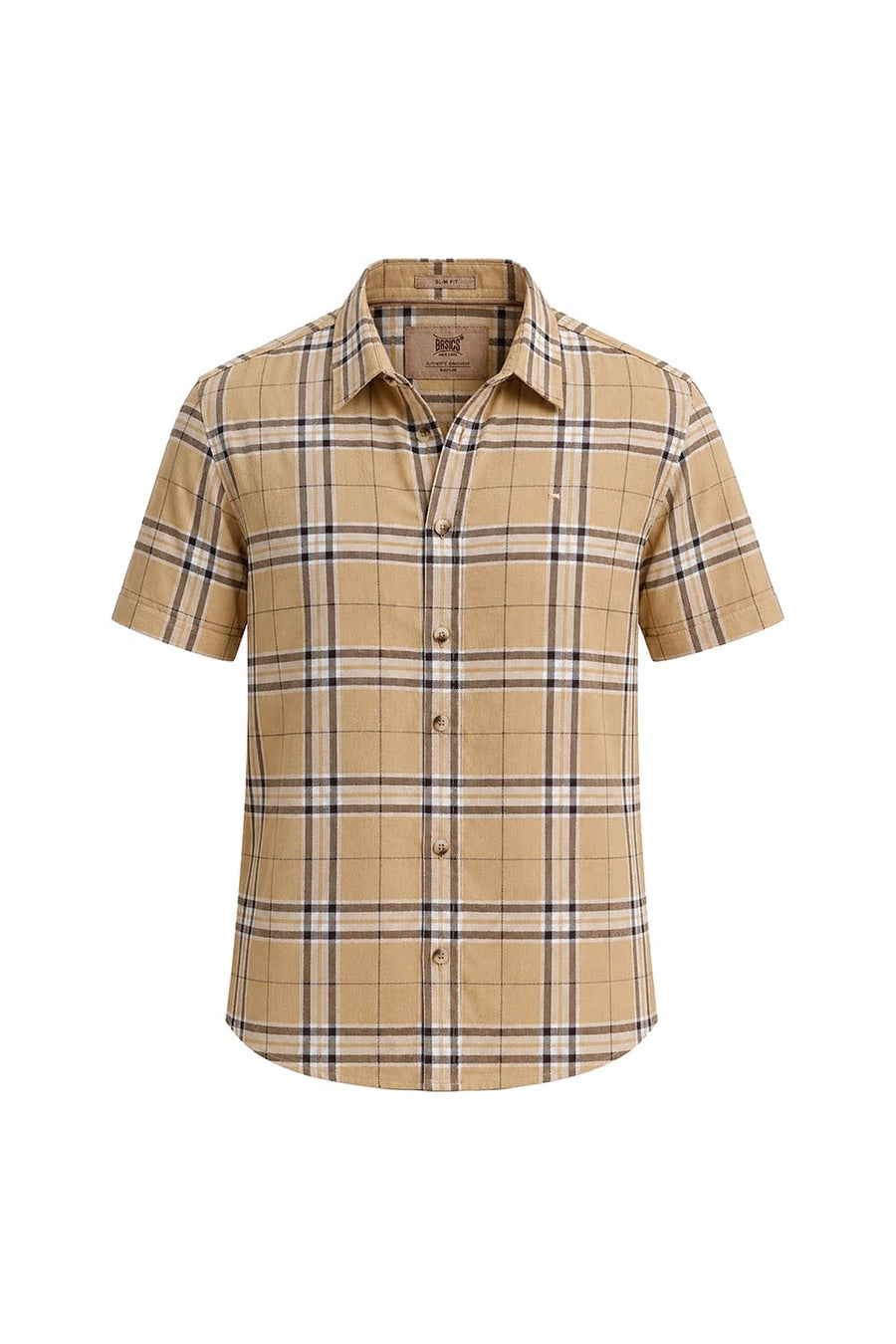 BASICS SLIM FIT TAUPE KHAKI COTTON DOBBY CHECKS HALFSLEEVES SHIRT