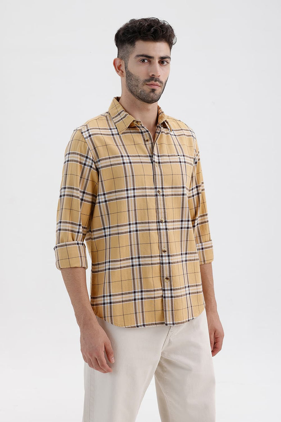 BASICS SLIM FIT TAUPE KHAKI COTTON DOBBY CHECKS SHIRT