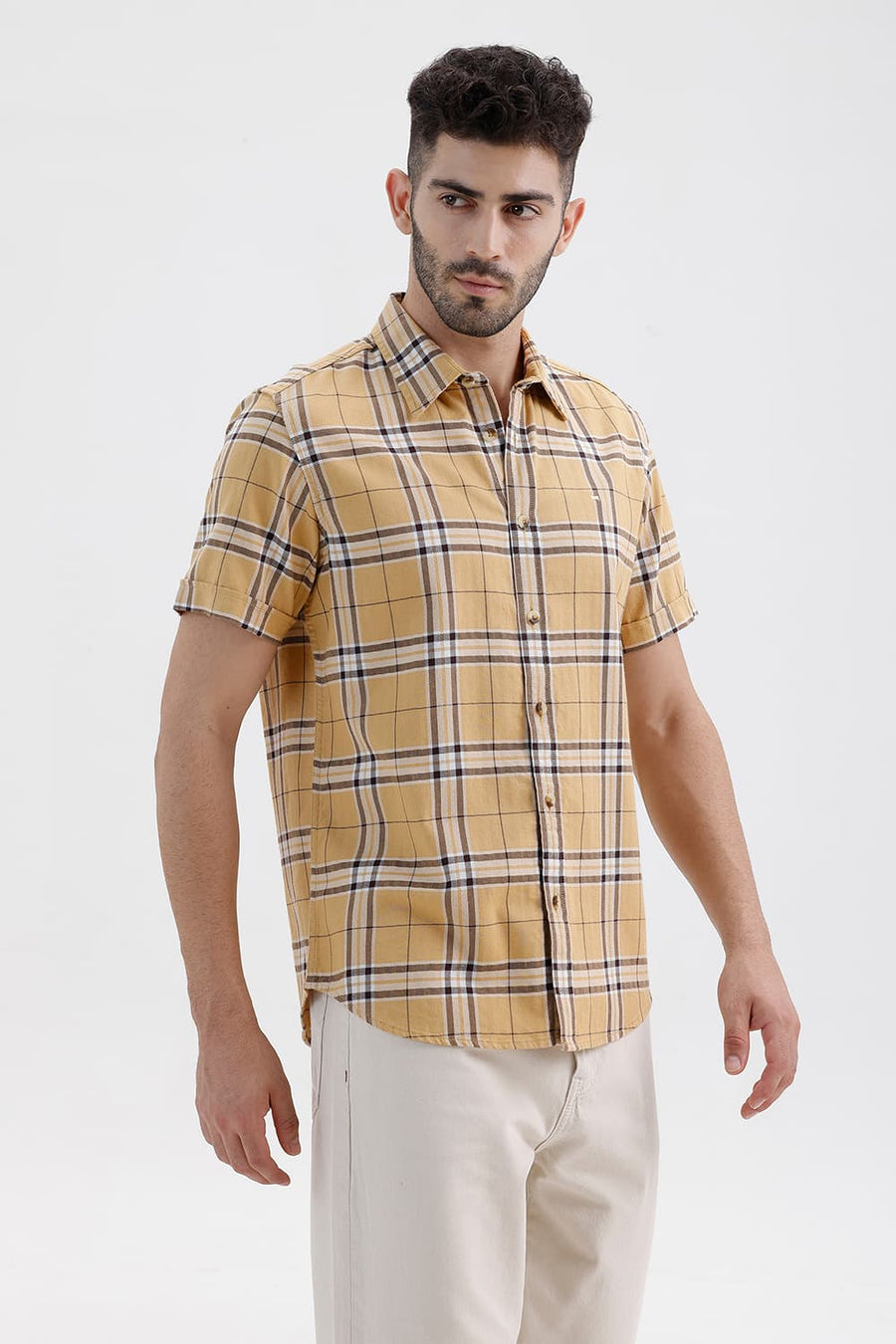 BASICS SLIM FIT TAUPE KHAKI COTTON DOBBY CHECKS HALFSLEEVES SHIRT