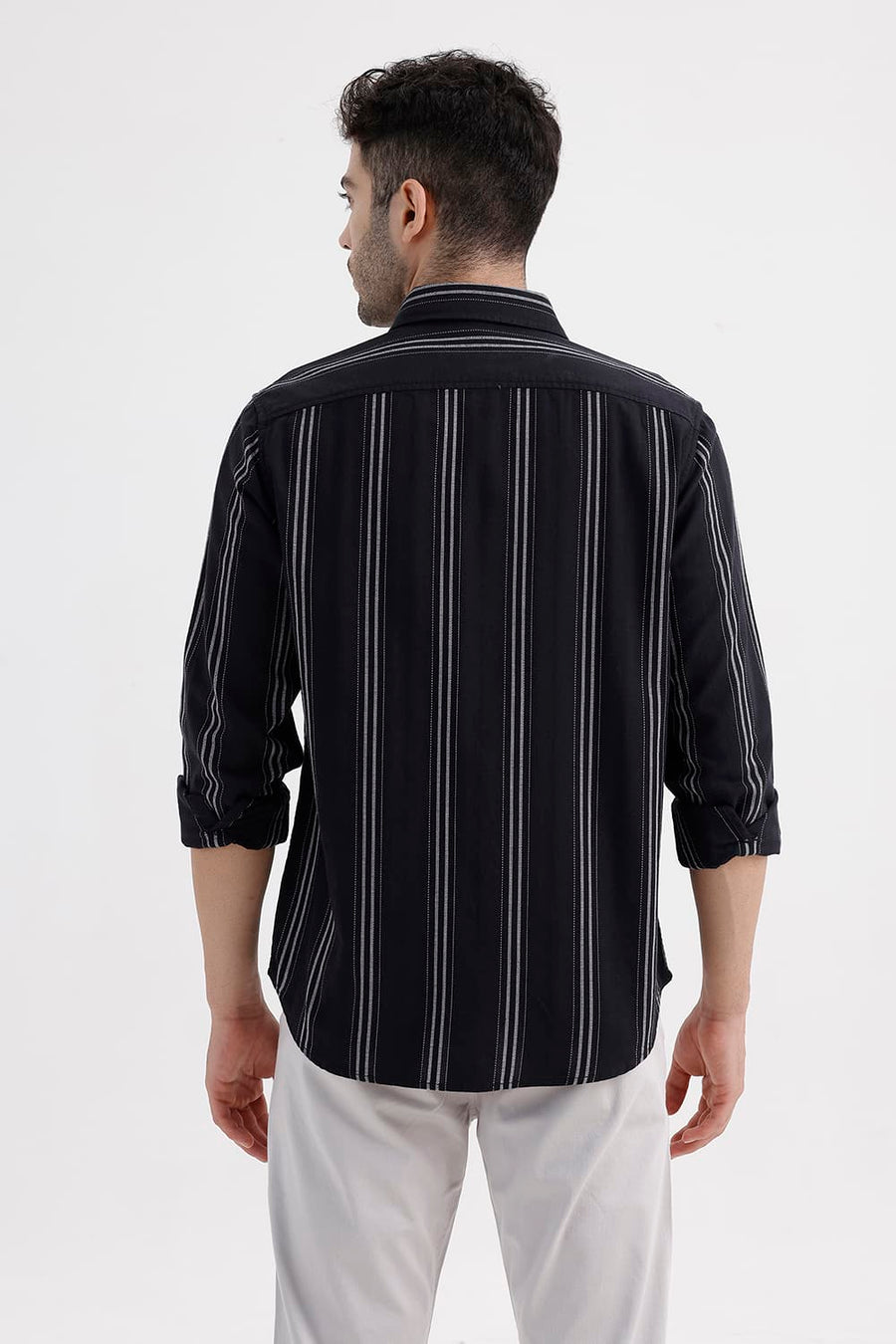 BASICS SLIM FIT BRISTOL BLACK COTTON DOBBY STRIPE SHIRT