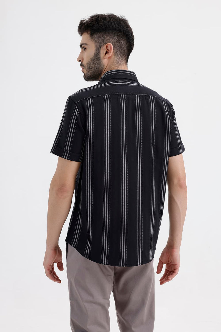 BASICS SLIM FIT BRISTOL BLACK COTTON DOBBY STRIPE HALFSLEEVES SHIRT