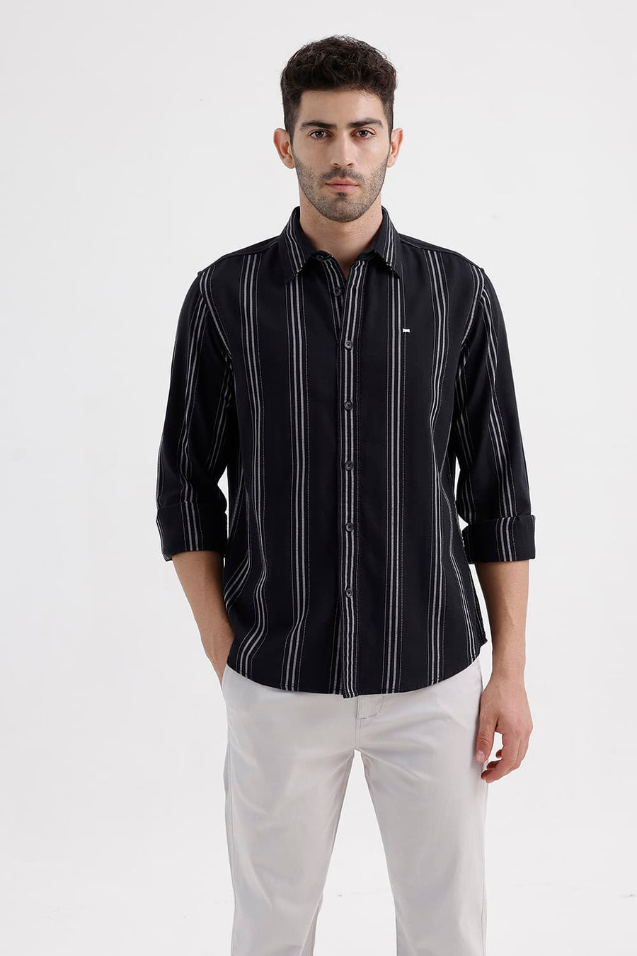 BASICS SLIM FIT BRISTOL BLACK COTTON DOBBY STRIPE SHIRT