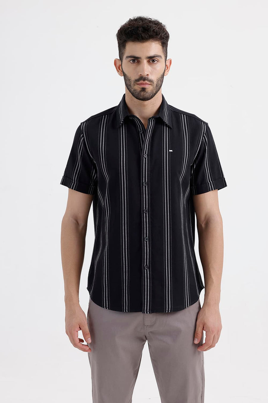 BASICS SLIM FIT BRISTOL BLACK COTTON DOBBY STRIPE HALFSLEEVES SHIRT