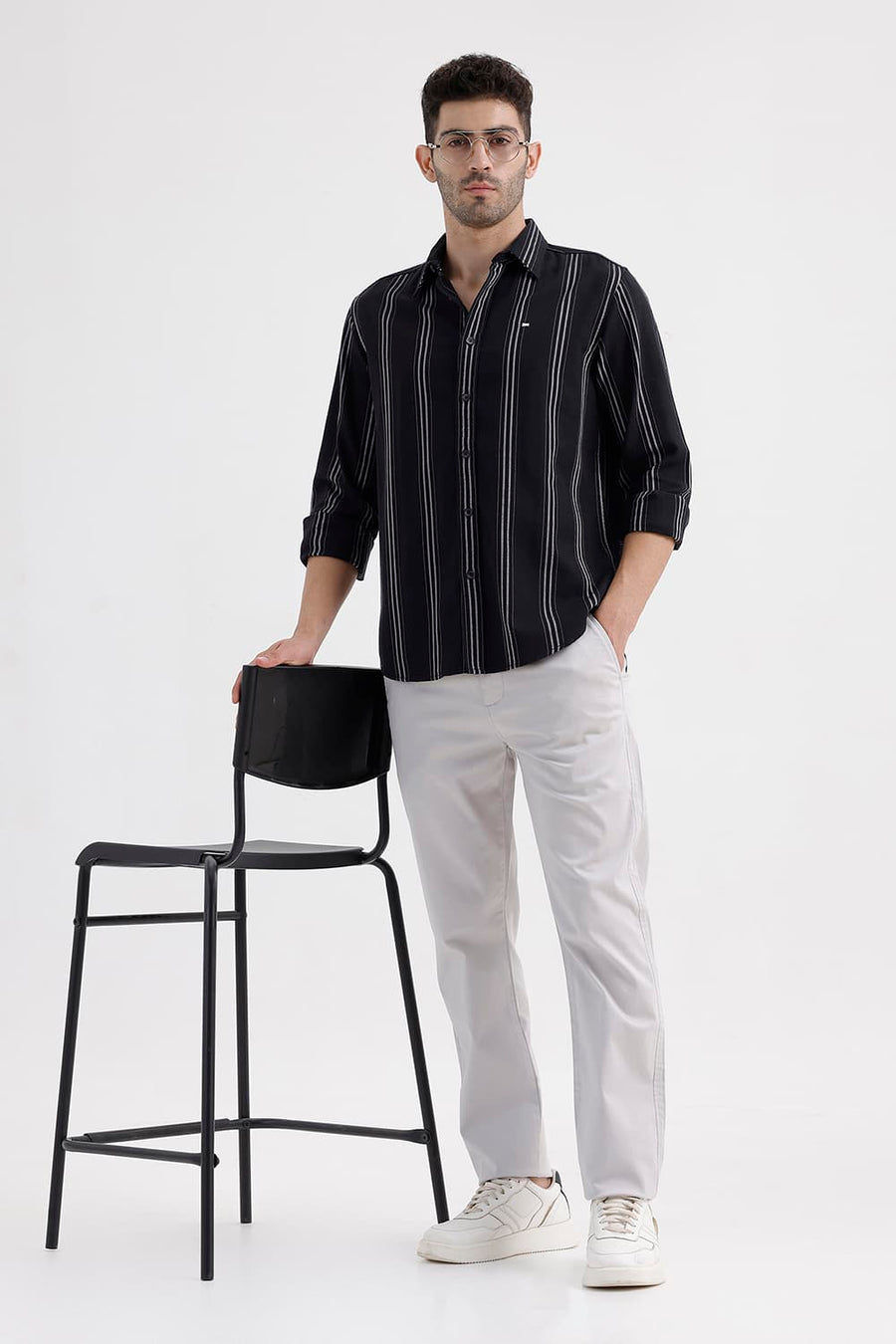 BASICS SLIM FIT BRISTOL BLACK COTTON DOBBY STRIPE SHIRT