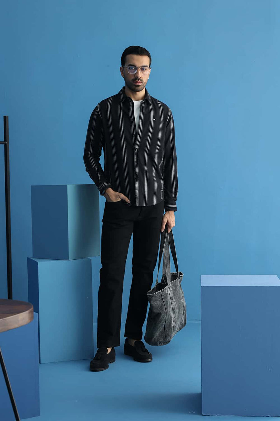 Basics Slim Fit Bristol Black Cotton Dobby Stripe Shirt