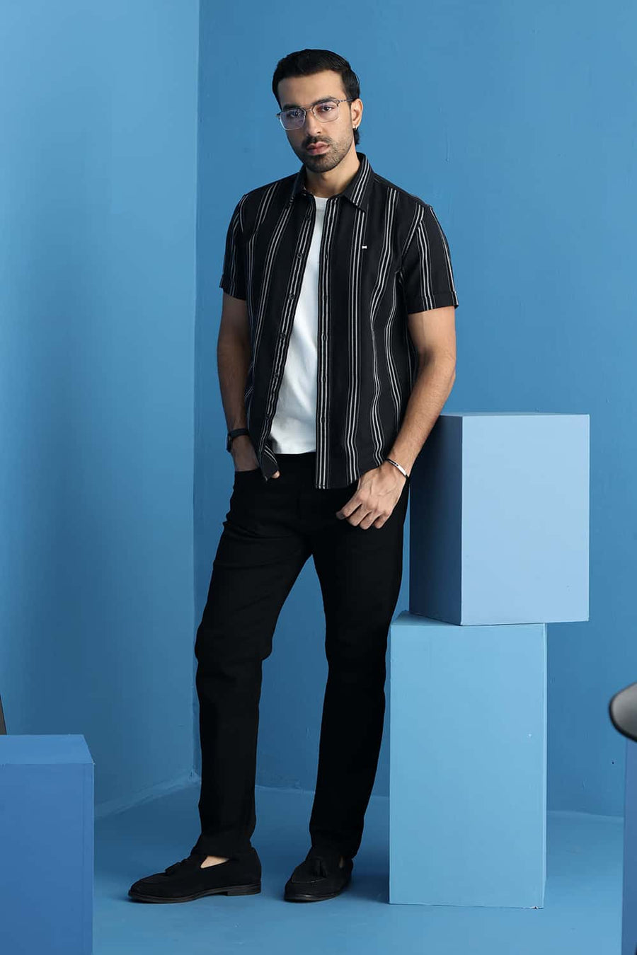 Basics Slim Fit Bristol Black Cotton Dobby Stripe Halfsleeves Shirt