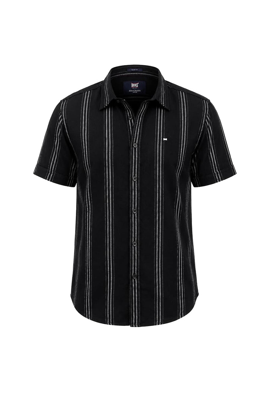 BASICS SLIM FIT BRISTOL BLACK COTTON DOBBY STRIPE HALFSLEEVES SHIRT