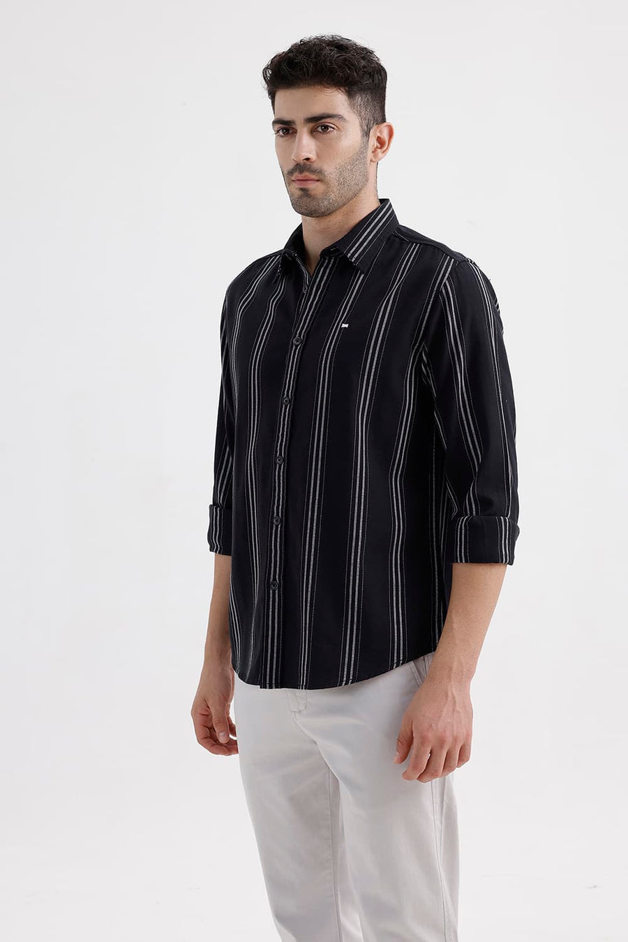 BASICS SLIM FIT BRISTOL BLACK COTTON DOBBY STRIPE SHIRT