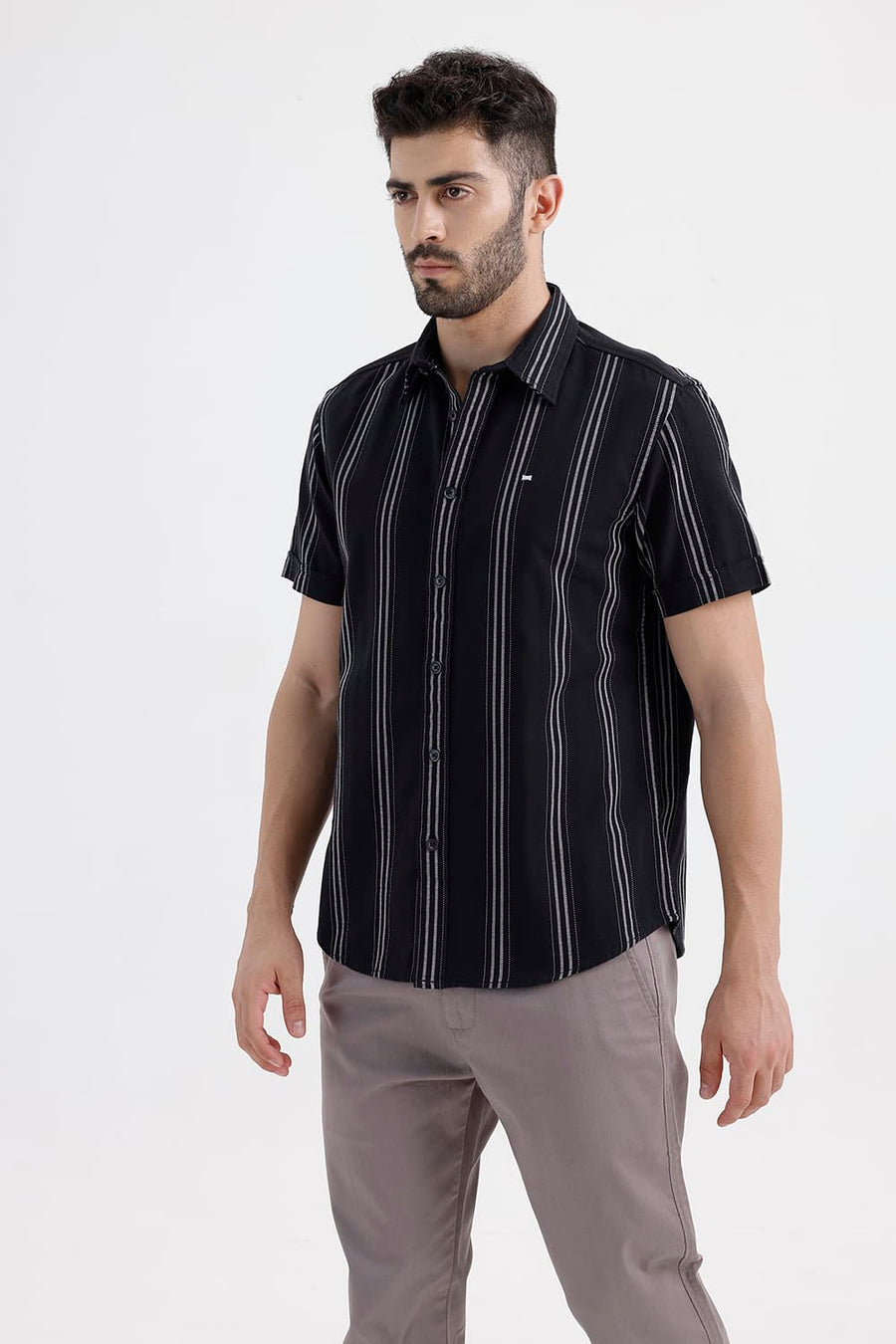 BASICS SLIM FIT BRISTOL BLACK COTTON DOBBY STRIPE HALFSLEEVES SHIRT