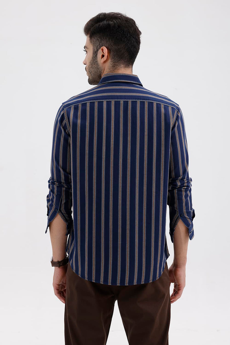 BASICS SLIM FIT GIBRALTAR NAVY COTTON DOBBY STRIPE SHIRT