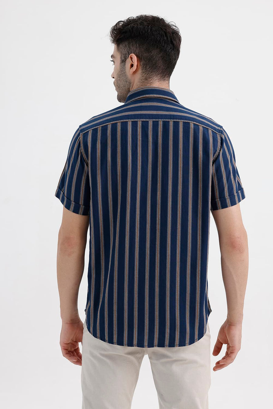 BASICS SLIM FIT GIBRALTAR NAVY COTTON DOBBY STRIPE HALFSLEEVES SHIRT