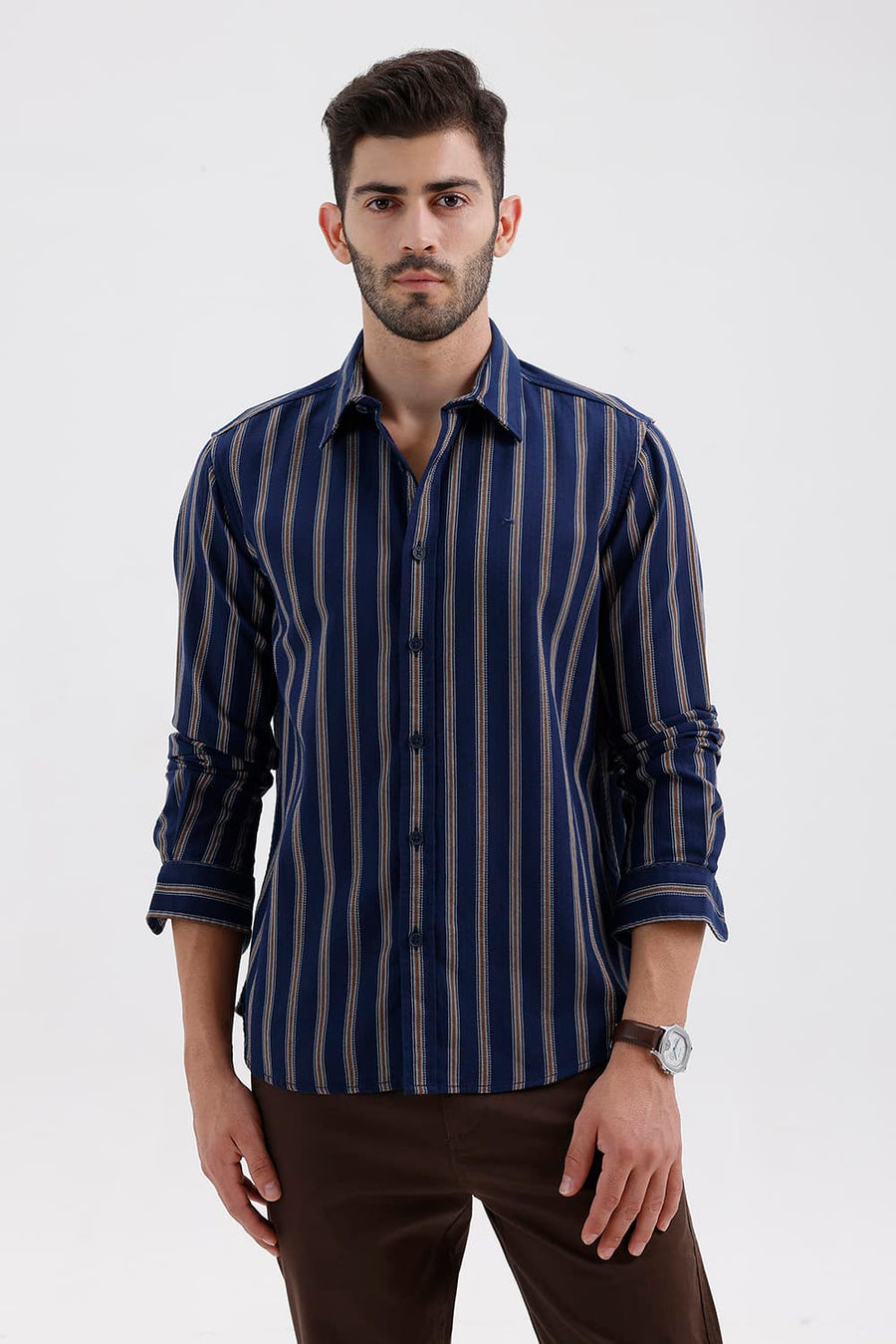 BASICS SLIM FIT GIBRALTAR NAVY COTTON DOBBY STRIPE SHIRT