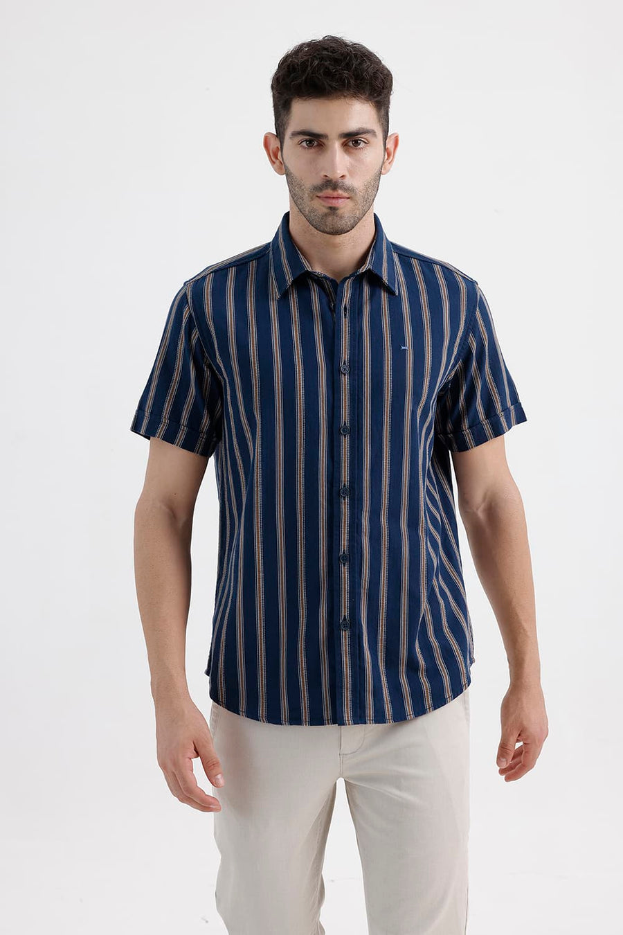BASICS SLIM FIT GIBRALTAR NAVY COTTON DOBBY STRIPE HALFSLEEVES SHIRT