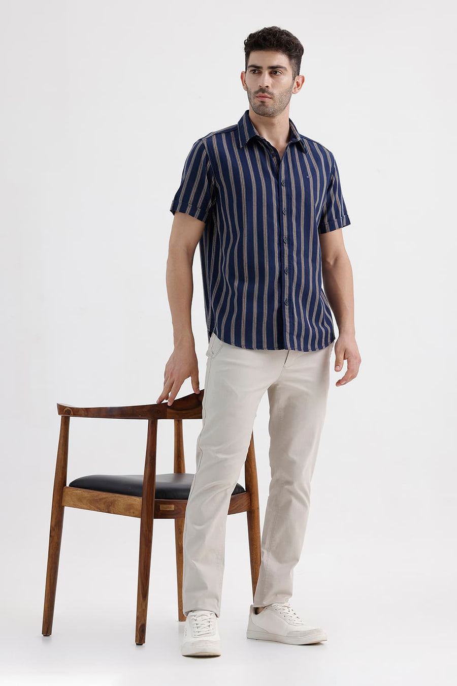 BASICS SLIM FIT GIBRALTAR NAVY COTTON DOBBY STRIPE HALFSLEEVES SHIRT