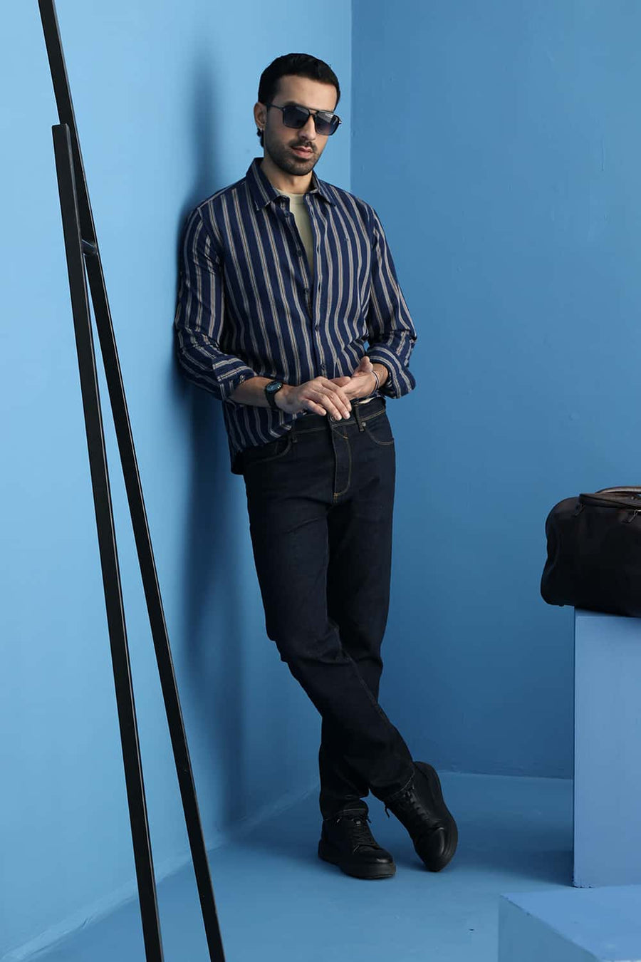 Basics Slim Fit Gibraltar Navy Cotton Dobby Stripe Shirt