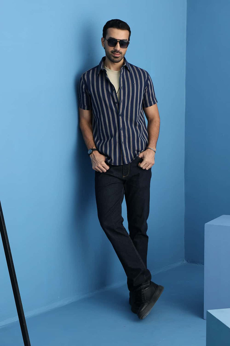 Basics Slim Fit Gibraltar Navy Cotton Dobby Stripe Halfsleeves Shirt