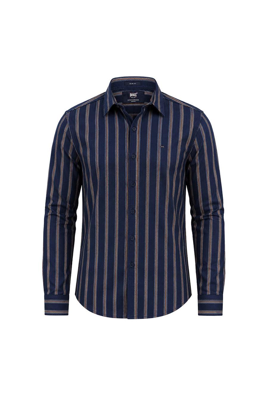 BASICS SLIM FIT GIBRALTAR NAVY COTTON DOBBY STRIPE SHIRT