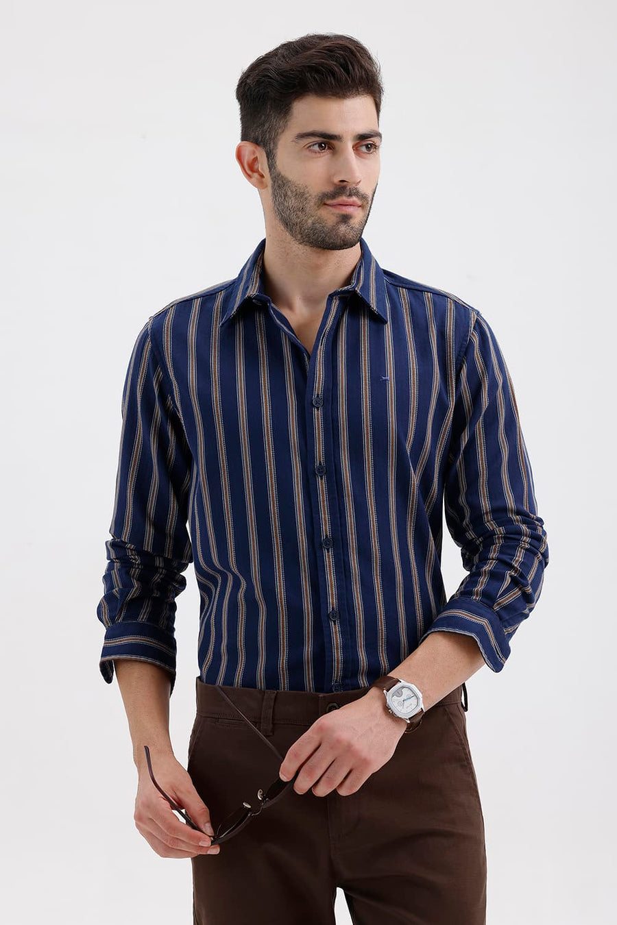 BASICS SLIM FIT GIBRALTAR NAVY COTTON DOBBY STRIPE SHIRT