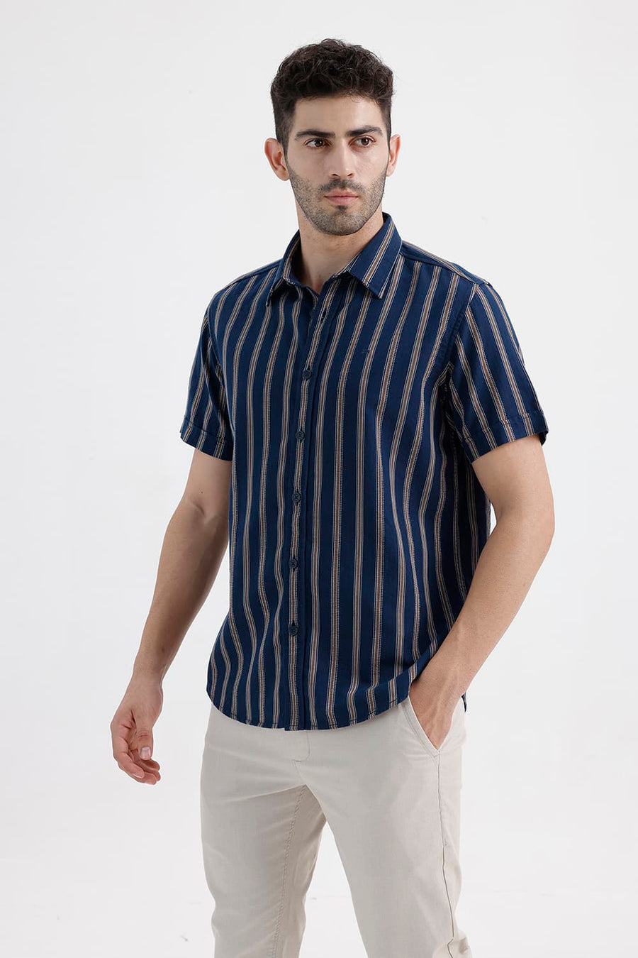 BASICS SLIM FIT GIBRALTAR NAVY COTTON DOBBY STRIPE HALFSLEEVES SHIRT