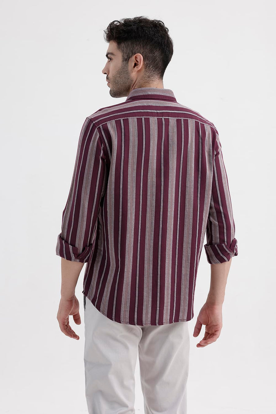 BASICS SLIM FIT ROYALE MAROON COTTON DOBBY STRIPE SHIRT