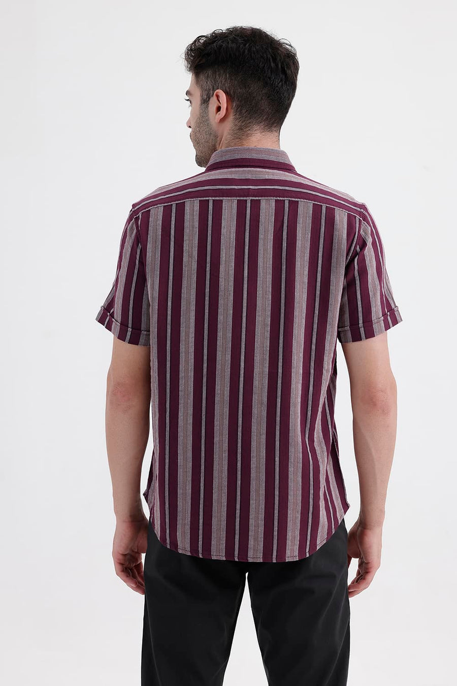 BASICS SLIM FIT ROYALE MAROON COTTON DOBBY STRIPE HALFSLEEVES SHIRT