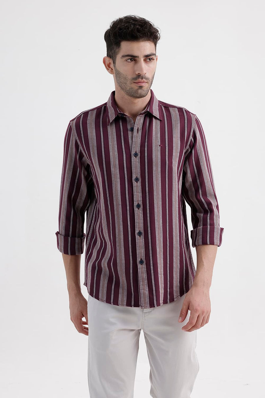 BASICS SLIM FIT ROYALE MAROON COTTON DOBBY STRIPE SHIRT
