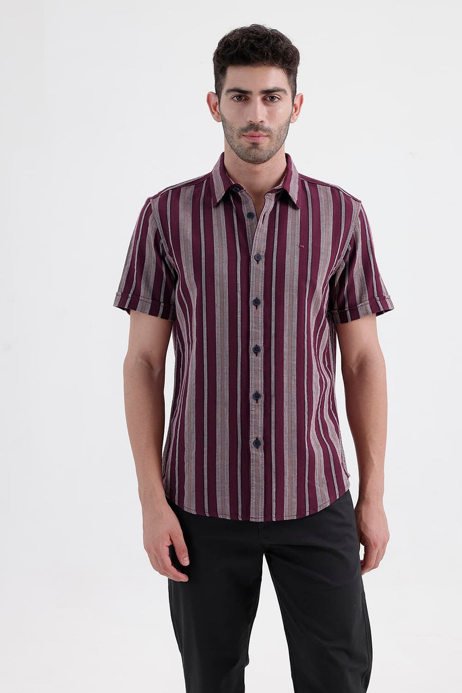BASICS SLIM FIT ROYALE MAROON COTTON DOBBY STRIPE HALFSLEEVES SHIRT