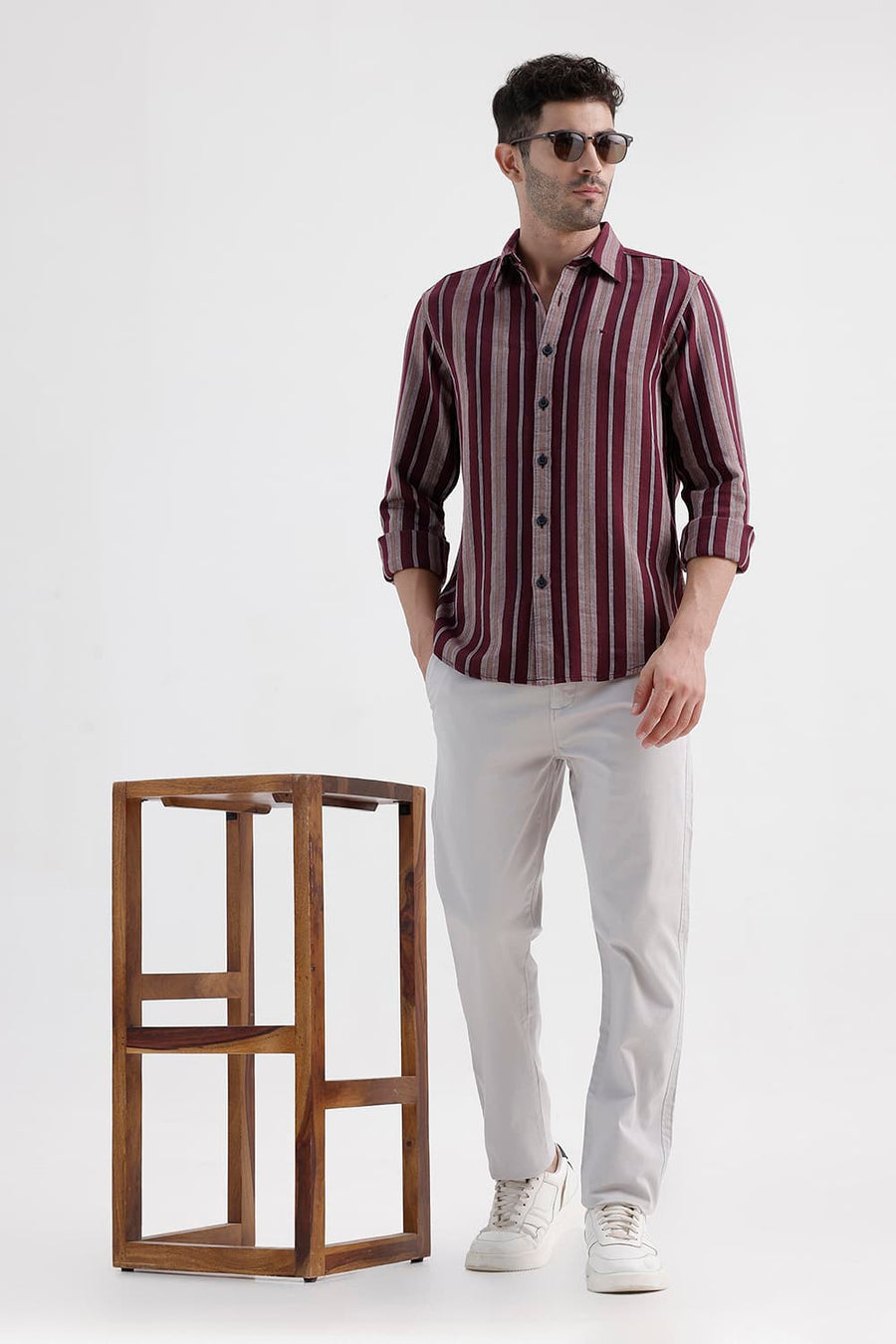BASICS SLIM FIT ROYALE MAROON COTTON DOBBY STRIPE SHIRT