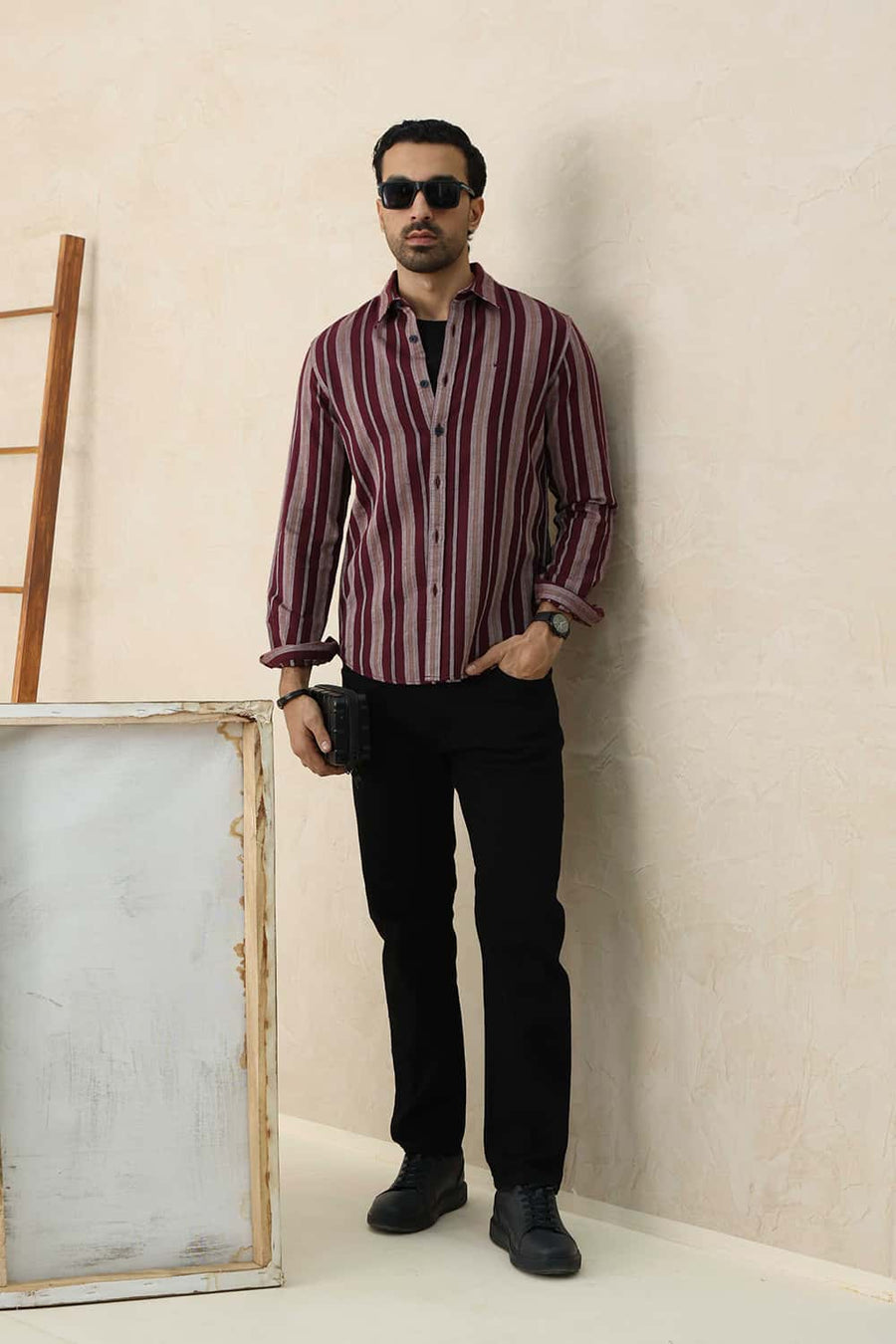 Basics Slim Fit Royale Maroon Cotton Dobby Stripe Shirt
