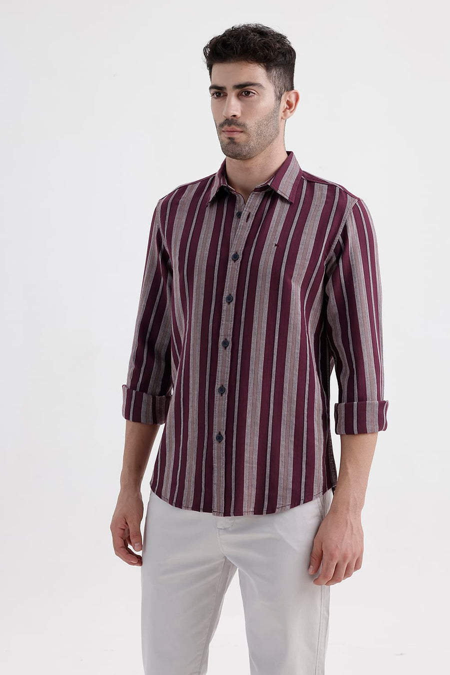 BASICS SLIM FIT ROYALE MAROON COTTON DOBBY STRIPE SHIRT