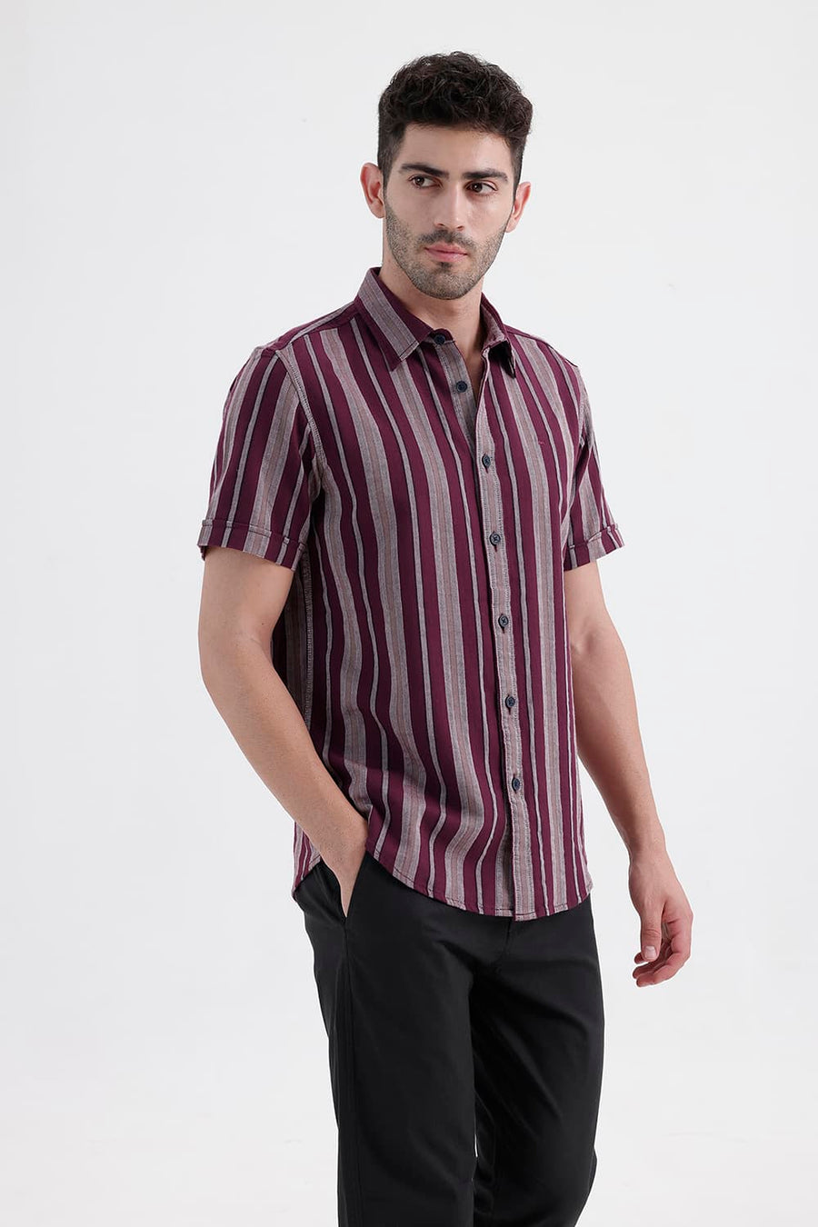 BASICS SLIM FIT ROYALE MAROON COTTON DOBBY STRIPE HALFSLEEVES SHIRT