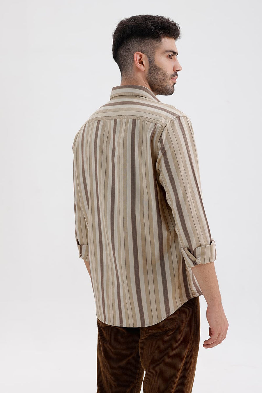 BASICS SLIM FIT TREEHOUSE BEIGE COTTON DOBBY STRIPE SHIRT