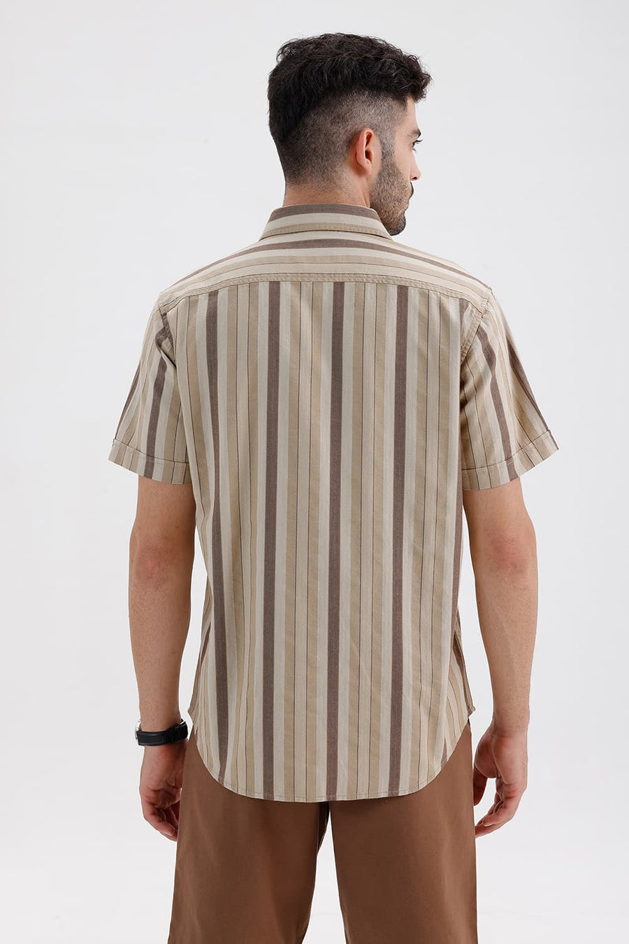 BASICS SLIM FIT TREEHOUSE BEIGE COTTON DOBBY STRIPE HALFSLEEVES SHIRT