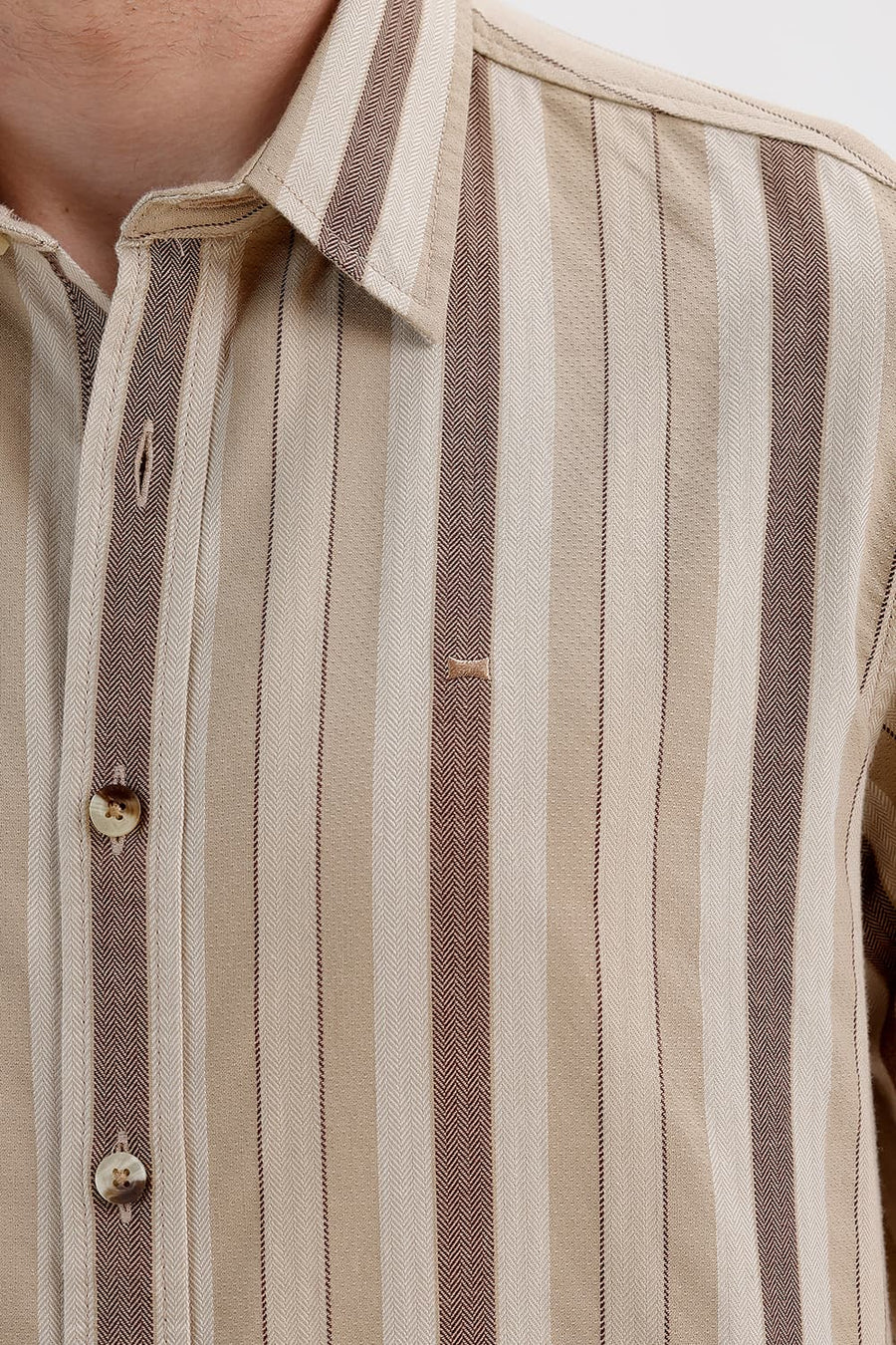 BASICS SLIM FIT TREEHOUSE BEIGE COTTON DOBBY STRIPE SHIRT