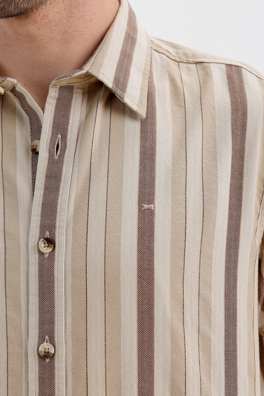 BASICS SLIM FIT TREEHOUSE BEIGE COTTON DOBBY STRIPE HALFSLEEVES SHIRT