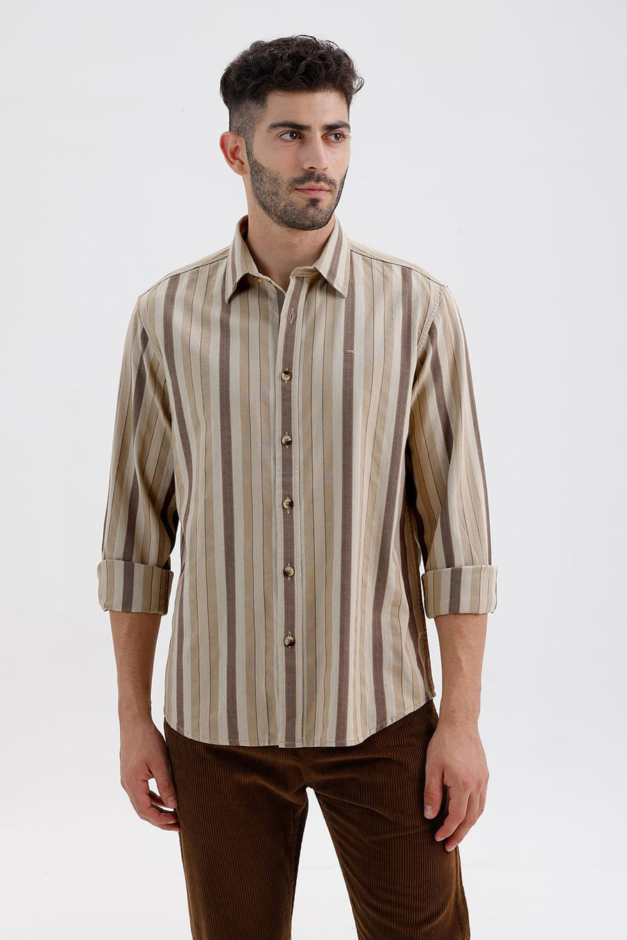 BASICS SLIM FIT TREEHOUSE BEIGE COTTON DOBBY STRIPE SHIRT