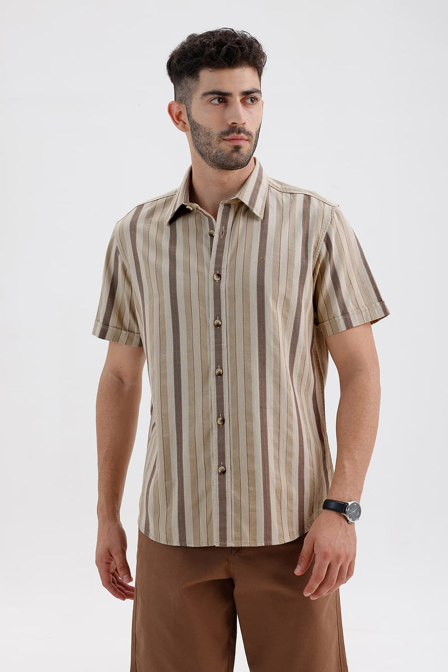 BASICS SLIM FIT TREEHOUSE BEIGE COTTON DOBBY STRIPE HALFSLEEVES SHIRT