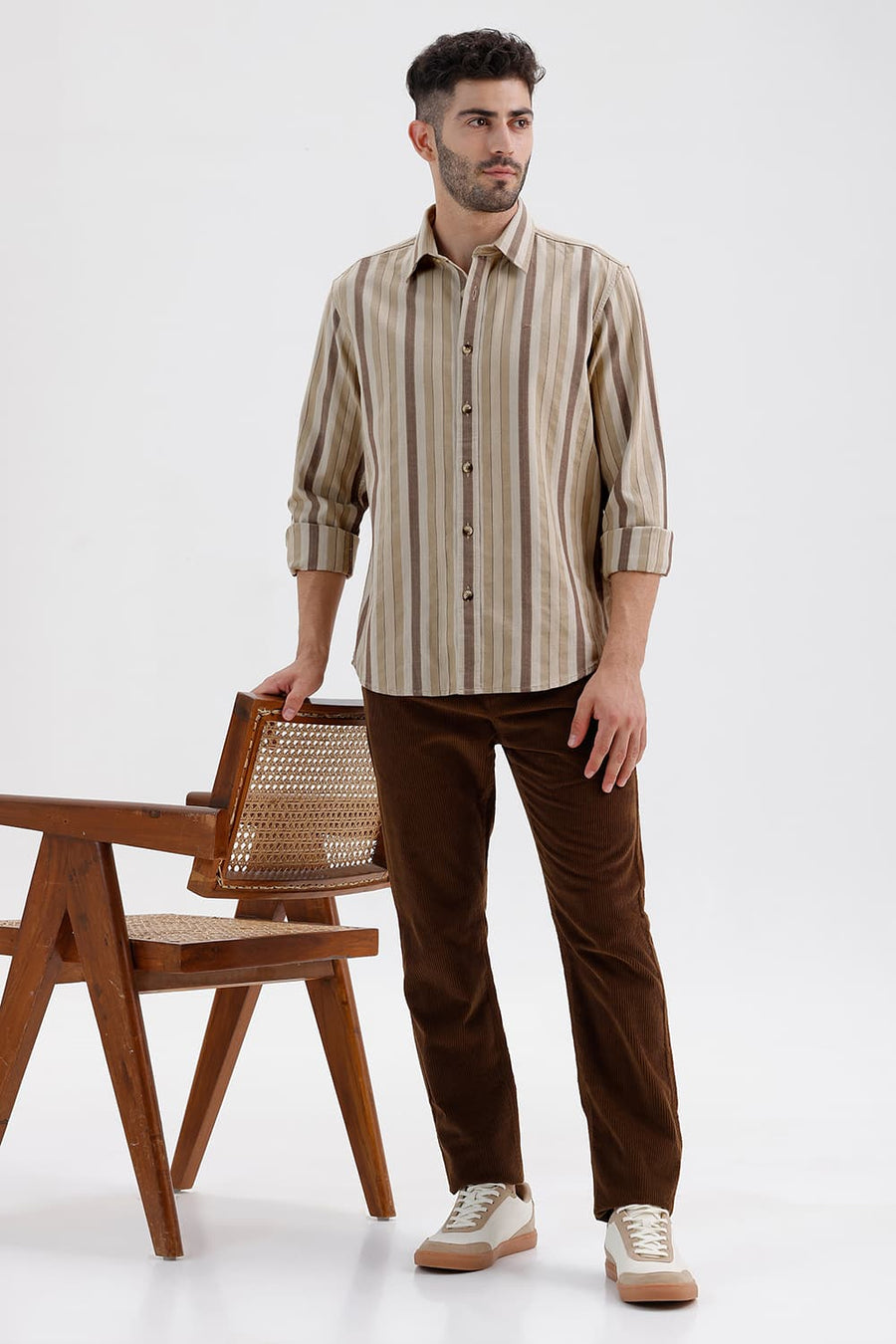 BASICS SLIM FIT TREEHOUSE BEIGE COTTON DOBBY STRIPE SHIRT