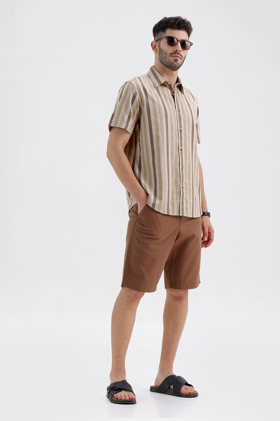 BASICS SLIM FIT TREEHOUSE BEIGE COTTON DOBBY STRIPE HALFSLEEVES SHIRT