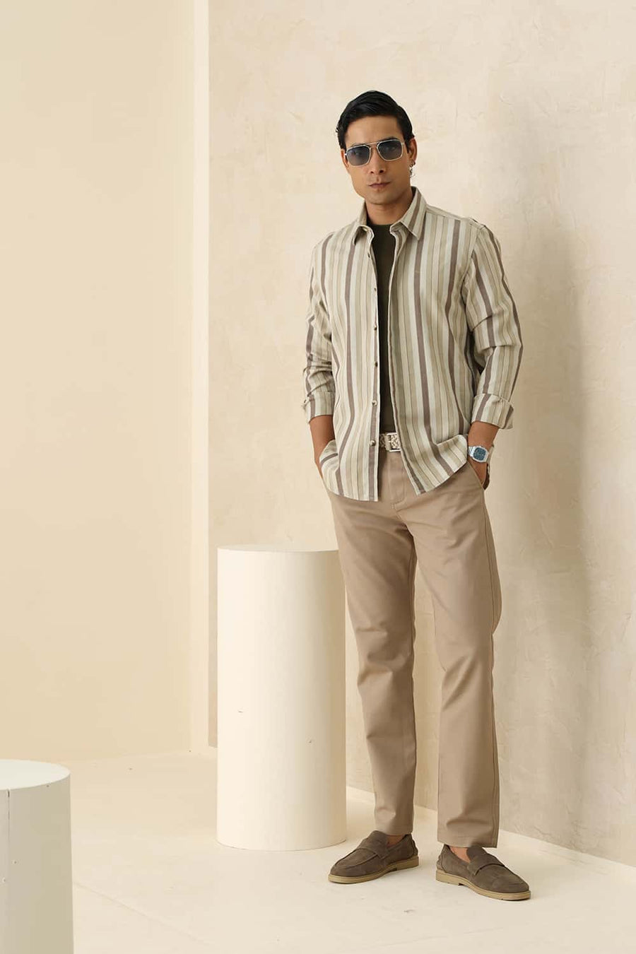 Basics Slim Fit Treehouse Beige Cotton Dobby Stripe Shirt