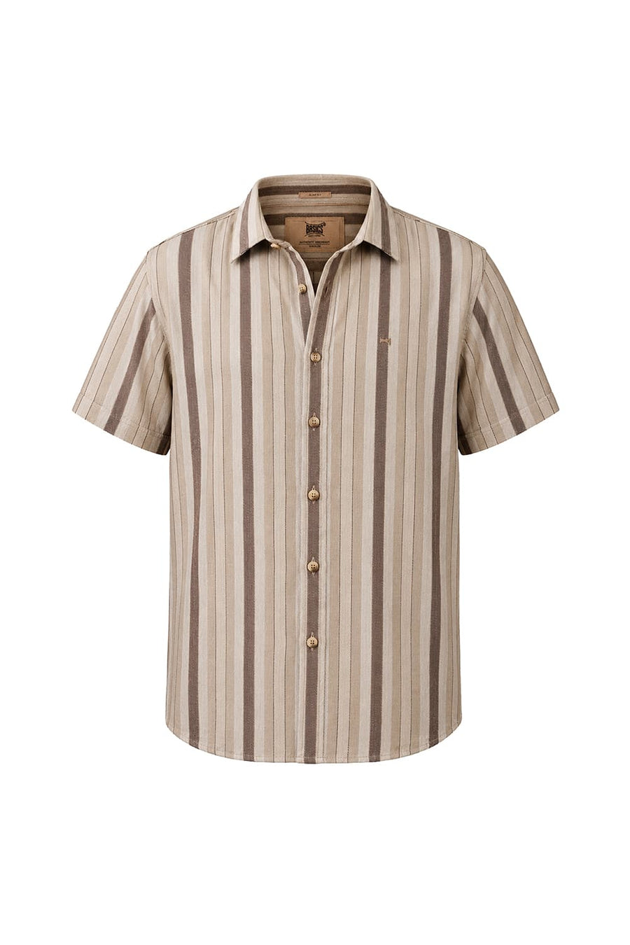 BASICS SLIM FIT TREEHOUSE BEIGE COTTON DOBBY STRIPE HALFSLEEVES SHIRT