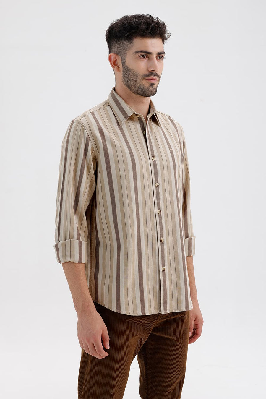BASICS SLIM FIT TREEHOUSE BEIGE COTTON DOBBY STRIPE SHIRT