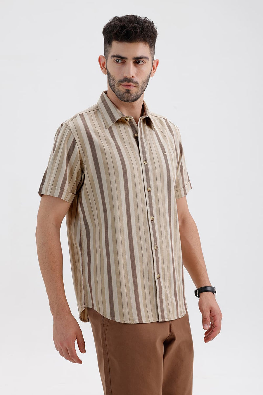 BASICS SLIM FIT TREEHOUSE BEIGE COTTON DOBBY STRIPE HALFSLEEVES SHIRT
