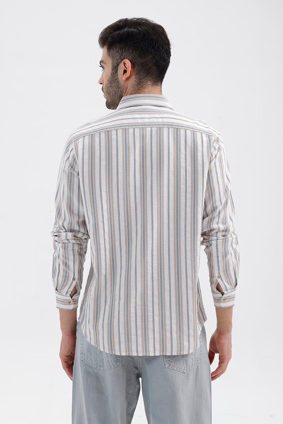 BASICS SLIM FIT CLOUD ECRU COTTON DOBBY STRIPE SHIRT