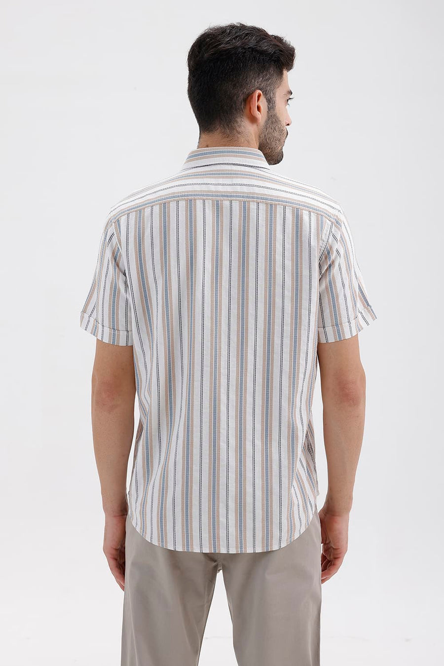 BASICS SLIM FIT CLOUD ECRU COTTON DOBBY STRIPE HALFSLEEVES SHIRT