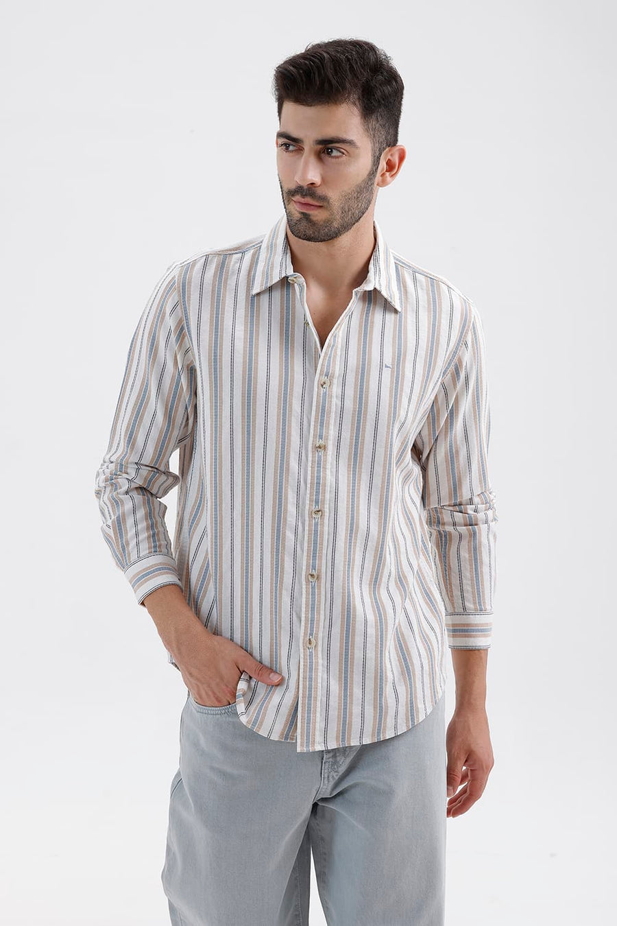 BASICS SLIM FIT CLOUD ECRU COTTON DOBBY STRIPE SHIRT