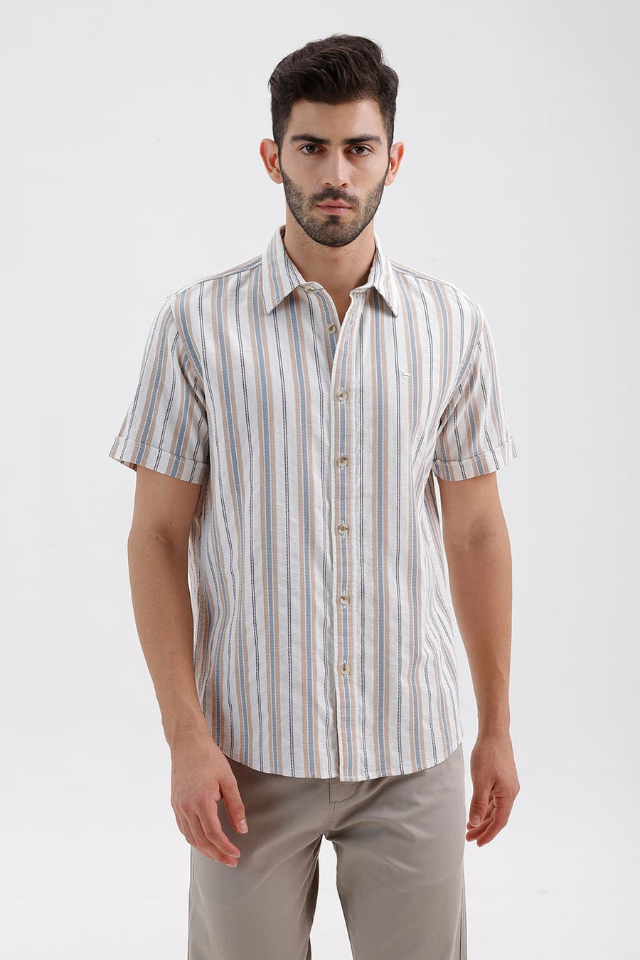 BASICS SLIM FIT CLOUD ECRU COTTON DOBBY STRIPE HALFSLEEVES SHIRT