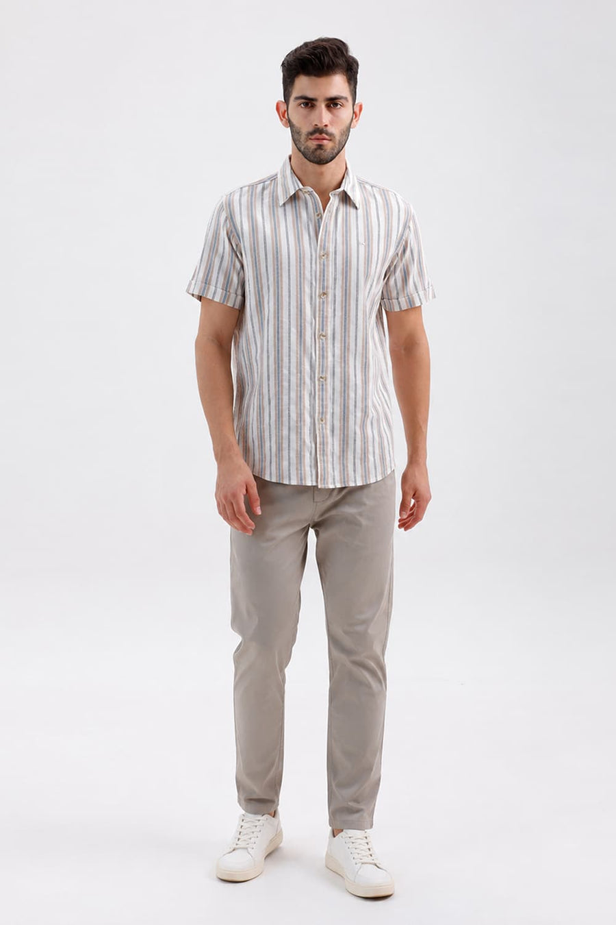 BASICS SLIM FIT CLOUD ECRU COTTON DOBBY STRIPE HALFSLEEVES SHIRT