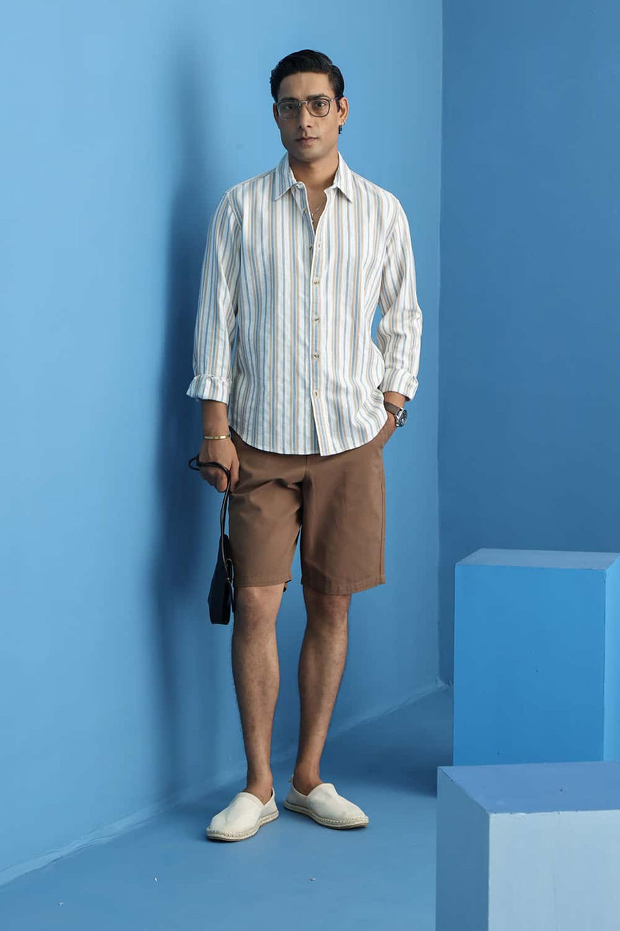 Basics Slim Fit Cloud Ecru Cotton Dobby Stripe Shirt